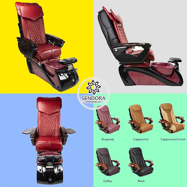 Ghế Pedicure Spa Alessi II EX gồm 5 màu là màu đỏ tía, màu Cappuccino, màu kem Cappuccino, màu cà phê và màu đen.