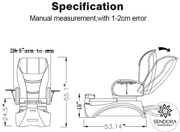 Kích thước của ghế Pedicure cao cấp Hi-MEC mẫu 4