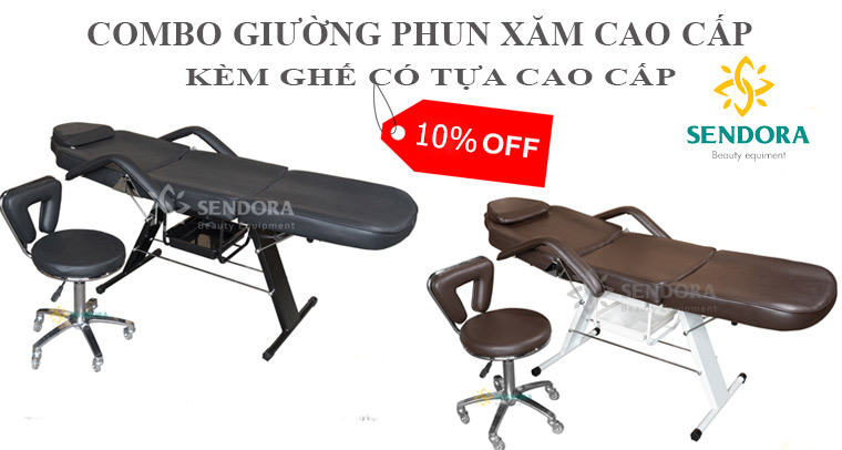 Combo giường phun xăm cao cấp kèm ghế xoay có tựa cao cấp