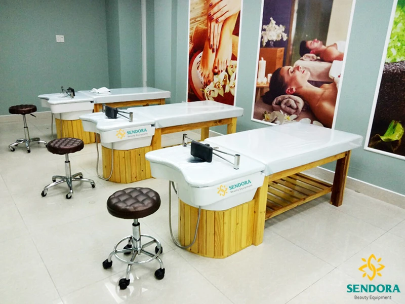 Giường gội đầu dưỡng sinh massage 2in1 - Mẫu bồn sứ tai thỏ 1 Giường gội đầu dưỡng sinh kết hợp Spa, massage 2in1 - Bồn sứ mẫu tai thỏ