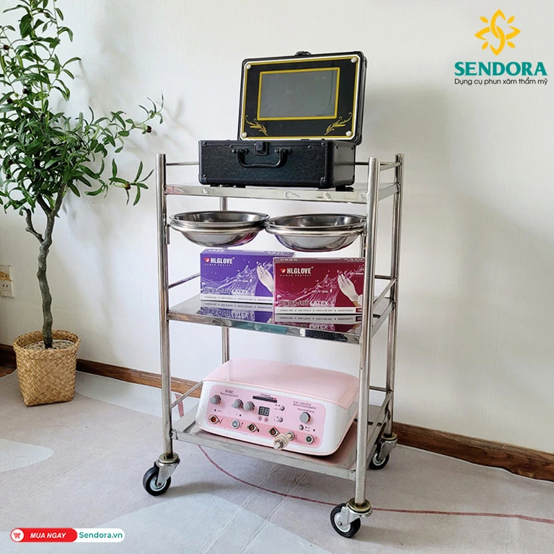 Xe đẩy inox 3 tầng Spa có bát nước 2 Xe đẩy Spa 3 tầng inox, Kệ inox 3 tầng có vòng thau