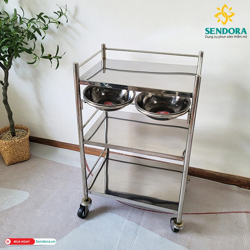 Xe đẩy inox 3 tầng Spa có bát nước 1 Xe đẩy Spa 3 tầng inox, Kệ inox 3 tầng có vòng thau