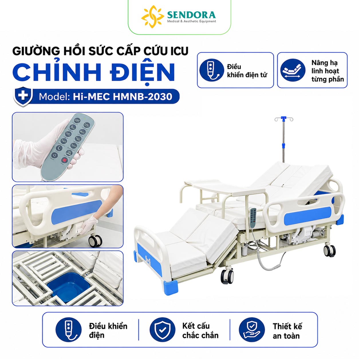 Giường y tế, giường hồi sức cấp cứu ICU chỉnh điện Hi-MEC HMNB-2030 1 Giường cấp cứu ICU đa năng chỉnh điện Hi-MEC HMNB-2030