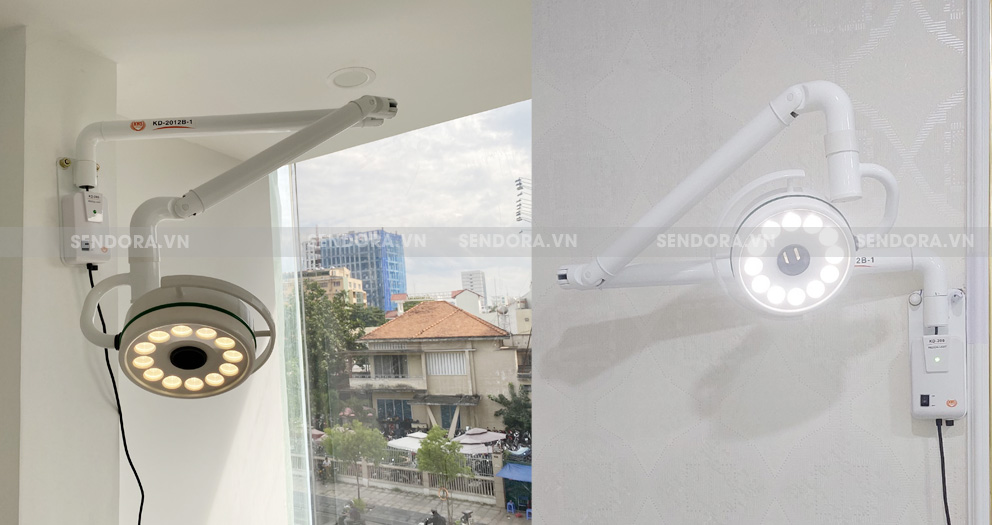 Đèn mổ treo tường dùng trong tiểu phẫu với thiết kế nhỏ gọn, tiết kiệm không gian.