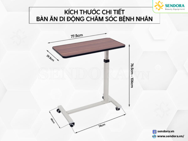 Bàn ăn y tế di động nâng hạ, bàn làm việc thông minh HMDT-1020 23 Kích thước chi tiết của bàn ăn di động, bàn y tế chăm sóc bệnh nhân