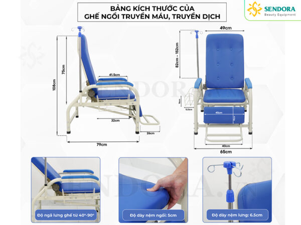 Bảng thông số kích thước chi tiết của ghế truyền dịch