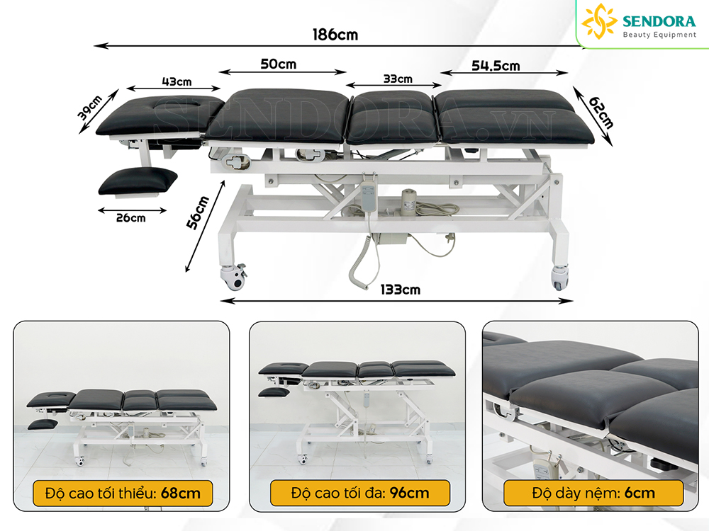 Thông số kỹ thuật Giường Massage Trị Liệu Treatment Table Chỉnh Điện 2 Động Cơ Herab-1020