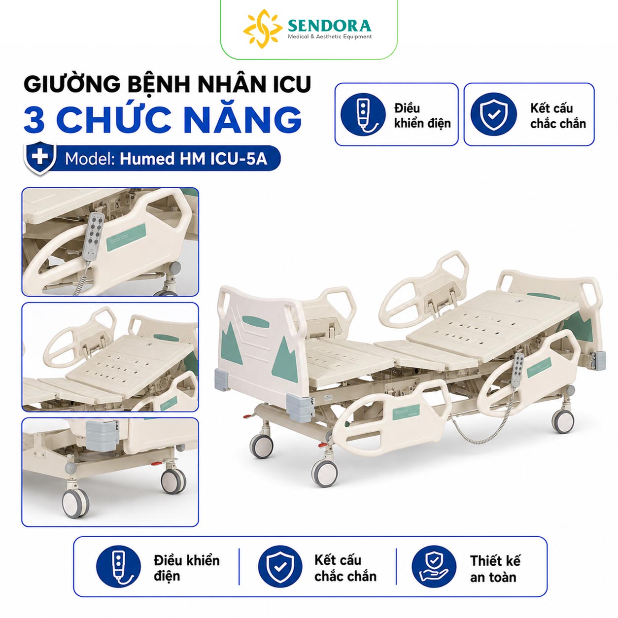 Giường bệnh nhân ICU 3 chức năng Humed HM ICU-5A | Điều khiển điện 1 Giường bệnh nhân ICU 3 chức năng Humed HM ICU-5A