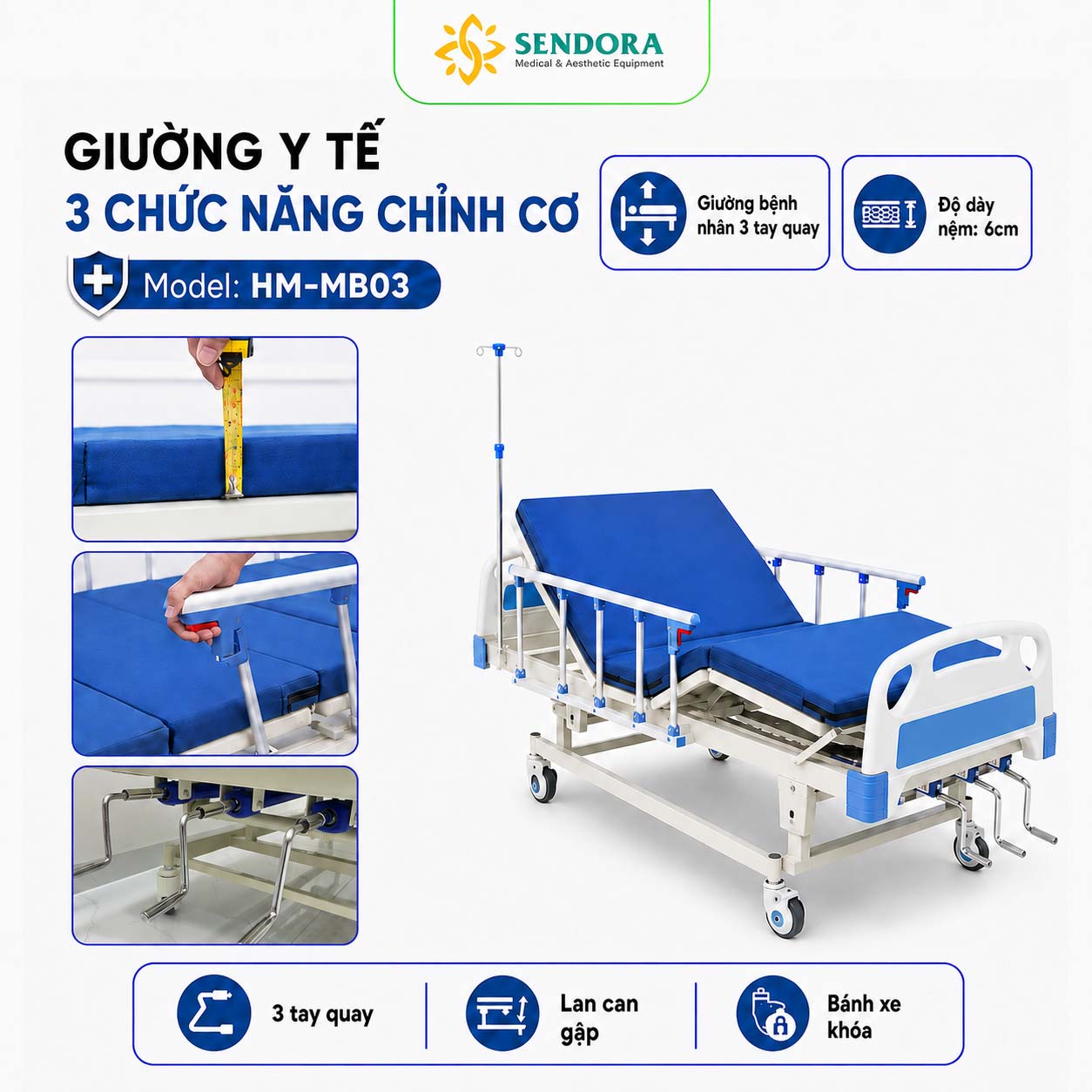 Giường y tế 3 chức năng chỉnh cơ HM-MB03 chính hãng | Made in Viet Nam 1 Giường y tế 3 chức năng chỉnh cơ HM-MB03
