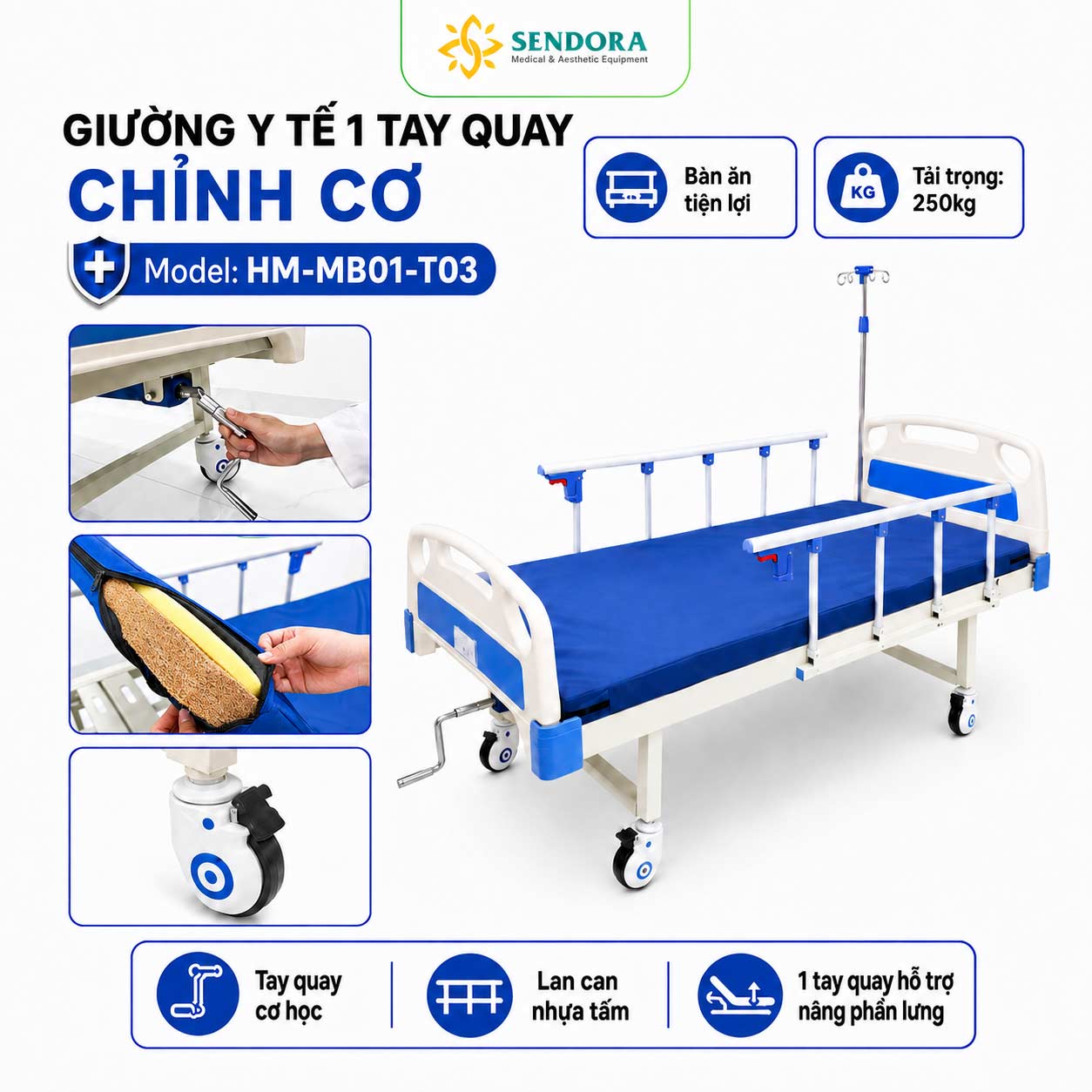 Giường y 1 tay quay chỉnh cơ HM-MB01-T03 chính hãng | Made in Viet Nam 1 Giường y tế 1 tay quay chỉnh cơ HM-MB01-T03 chính hãng | Made in Viet Nam-Giường bệnh nhân