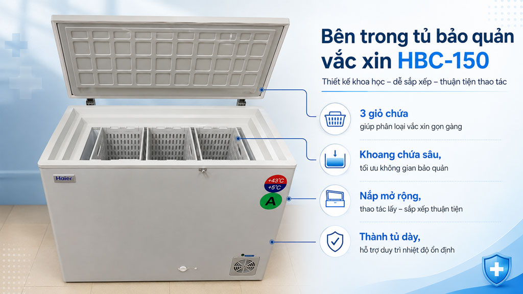 Bên trong tủ bảo quản Vắc xin, model HBC-150, dung tích 150 lít Bên trong tủ bảo quản Vắc xin, model HBC-150, dung tích 150 lít