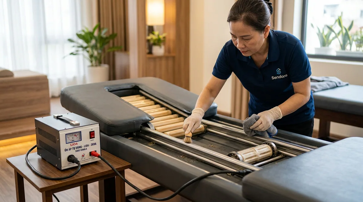 giường massage trị liệu hàn quốc - Khuyến Cáo Phòng Tránh Sự Cố Tái Diễn: Để đảm bảo giường massage trị liệu Hàn Quốc hoạt động bền bỉ và an toàn: Sử dụng ổn áp: Đảm bảo nguồn điện cung cấp cho thiết bị luôn ổn định.