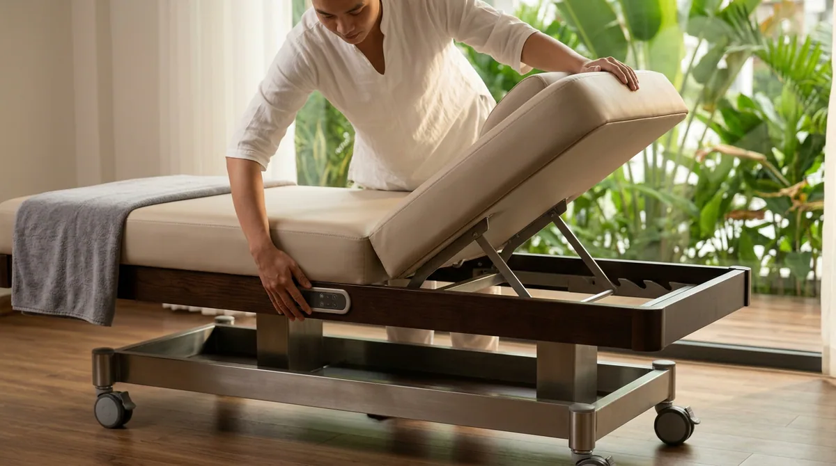 Kinh nghiệm mua giường massage chuẩn cho spa và gia đình 6 kinh nghiệm mua giường massage - 4. Tính năng nâng hạ và mở rộng: Nhiều mẫu giường hỗ trợ nâng đầu, tùy chỉnh độ cao hay tích hợp bánh xe di chuyển tiện lợi.