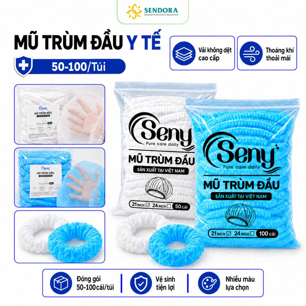 Mũ Trùm Đầu Y Tế Seny 21 Inch | 50 & 100 Cái 1 Mũ Trùm Đầu Y Tế