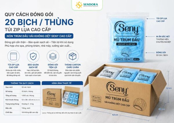 Mũ Trùm Đầu Y Tế Seny 21 Inch | 50 & 100 Cái 43 Quy cách đóng gói Mũ trùm đầu y tế Seny cao cấp